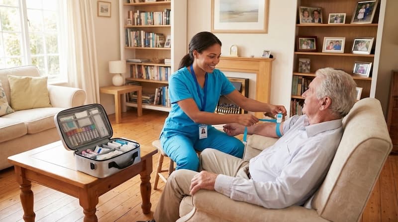 Phlebotomist relaxed and caring for patient due to optimized AI route planning